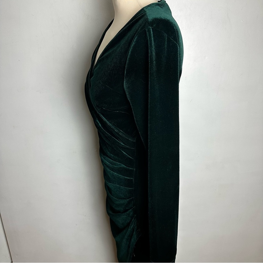 Velvet Wrap Dress Women's Med V Neck Ruched Bodycon Maxi Emerald Green DIRASS - Picture 6 of 12